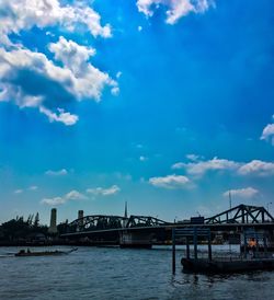 Bridge over river by buildings against sky