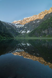 Scenic view of lake and mountains against clear blue sky