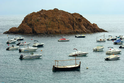 High angle view of boats moored at sea