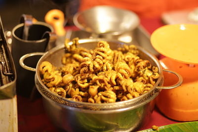 High angle view of noodles in bowl on table
