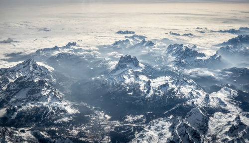 Aerial view of snowcapped mountains against sky