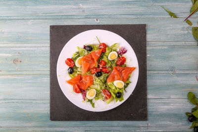 High angle view of salad in bowl on table
