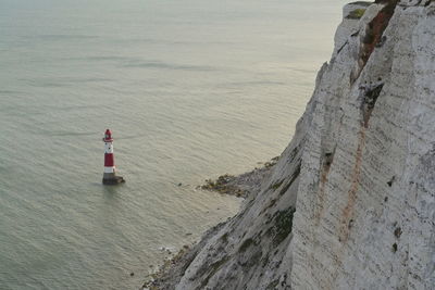 Lighthouse by sea against buildings