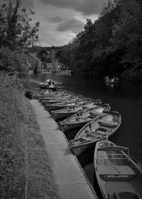Boats moored on river by trees against sky