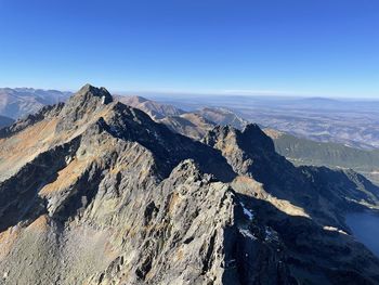 Scenic view of mountains against clear blue sky