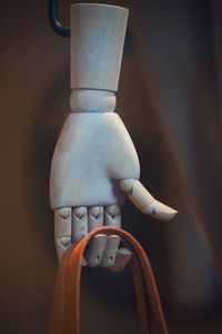 Close-up of wooden hand with bag