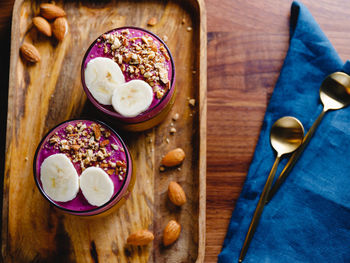 High angle view of breakfast on table