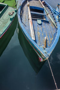 High angle view of boat moored in canal