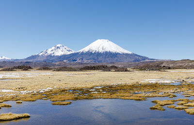 Scenic view of snowcapped mountains against clear blue sky