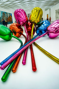 High angle view of multi colored candies on table