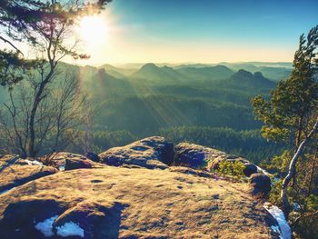 Spring morning nature. the cracked sandstone cliff above forest valley, daybreak sun at horizon.