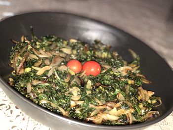 High angle view of fruits in bowl on table