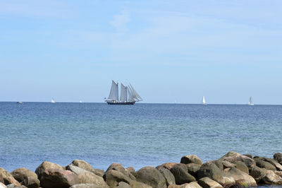 Sailboat sailing on sea against sky