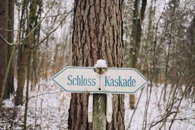 Close-up of road sign on snow covered forest