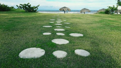 Stepping stones on grass by beach