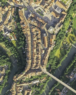 High angle view of road amidst buildings in city