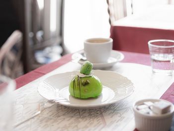 Close-up of dessert served on table