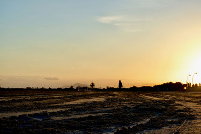 Scenic view of field against sky during sunset with man walking