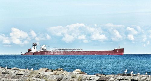 Container ship sailing on sea against sky