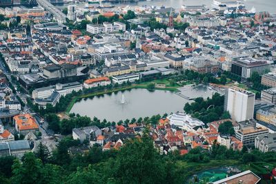 High angle view of buildings in town