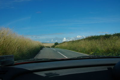 Road amidst green landscape seen through car windshield