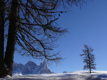 Scenic view of snowcapped mountains against clear sky