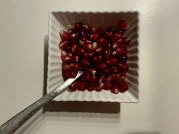 High angle view of strawberries on table