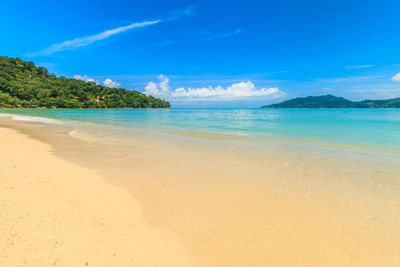 Scenic view of beach against blue sky