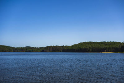 Scenic view of lake against clear blue sky