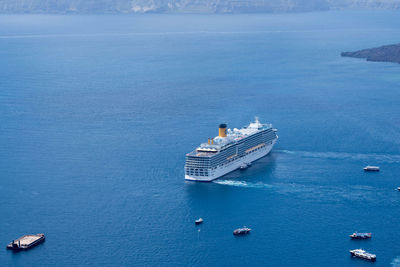 High angle view of ship sailing in sea