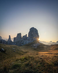 Scenic view of landscape against clear sky during sunset