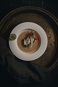 High angle view of soup in bowl on table