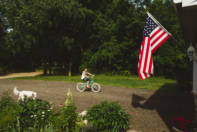 Bicycle in front of flag