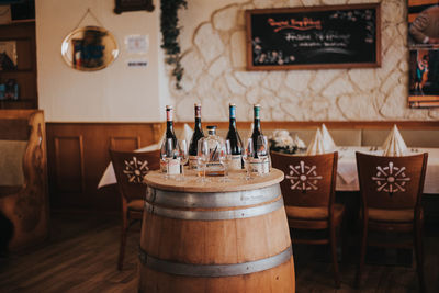 View of wine bottles on table