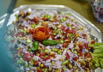 High angle view of chopped vegetables on table