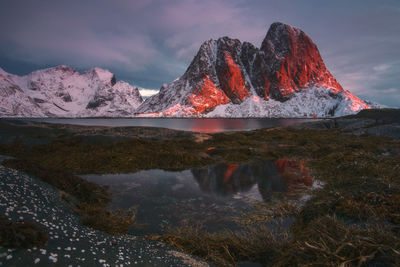 Scenic view of lake and mountains against sky