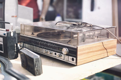 Vintage turntable on table