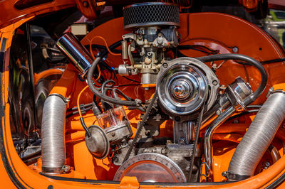 Engine of a car. classic old car. orange vintage car engine backgrounds. retro style.
