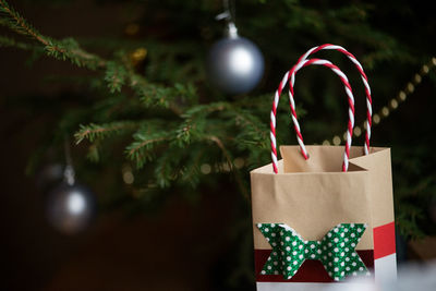 Close-up of christmas present by tree