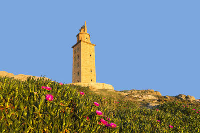 Low angle view of lighthouse against blue sky