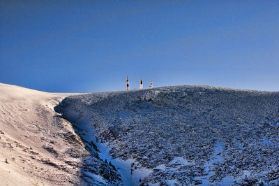 Scenic view of snowcapped mountains against clear blue sky