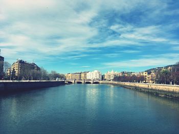 Scenic view of river by cityscape against sky