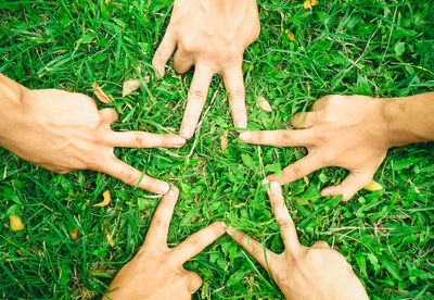 Cropped hands of people making star shape on grassy field