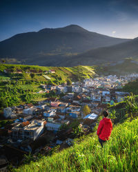 Rear view of woman sitting on field against sky