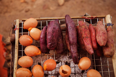 High angle view of vegetables on barbecue grill