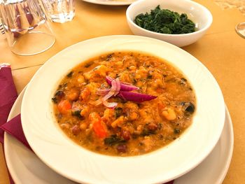 High angle view of meal served on table