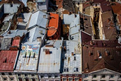 High angle view of residential building rooftops