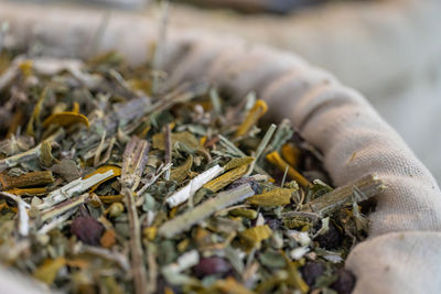 Dried herbs and spices in jute bags