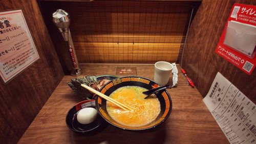 High angle view of breakfast on table