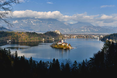 Scenic view of lake and mountains against sky